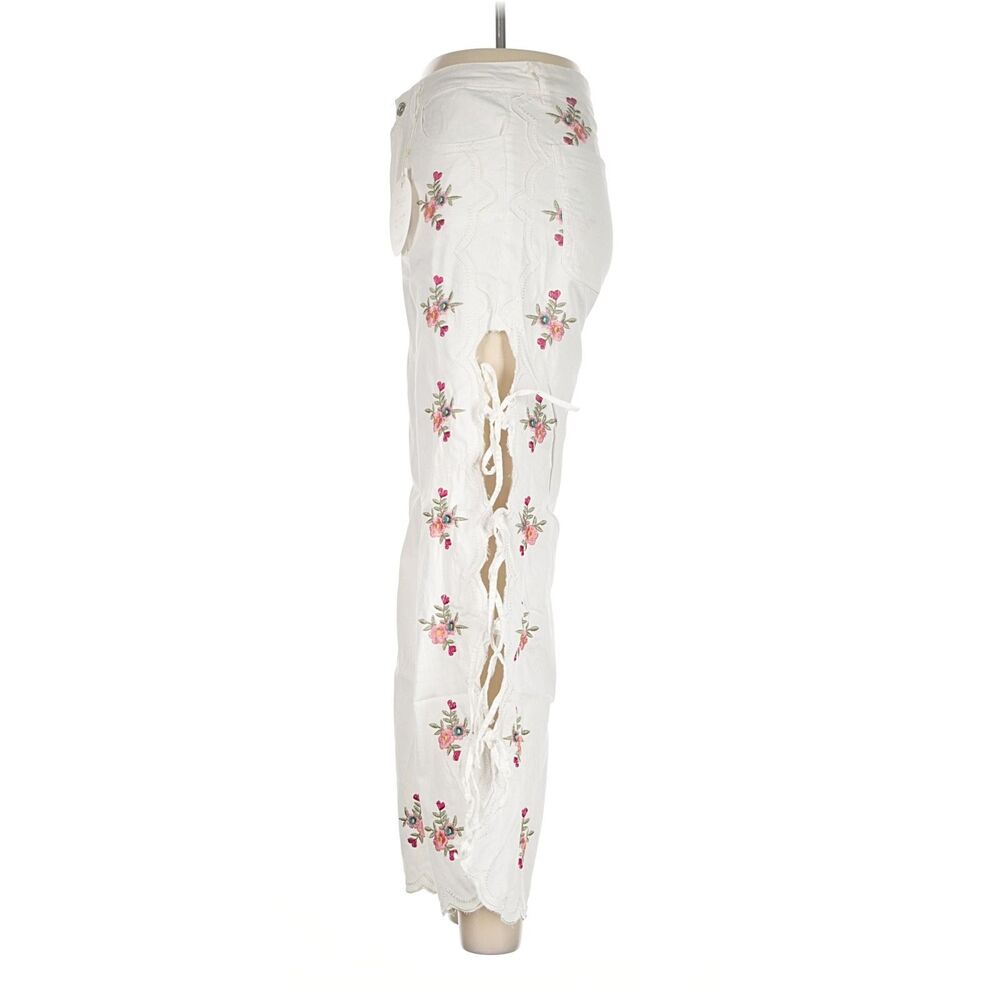 Zac & Zoe Paris White Floral Embroidered Wide Leg Lace Up Pants M 38 Boho Y2K - Picture 6 of 8